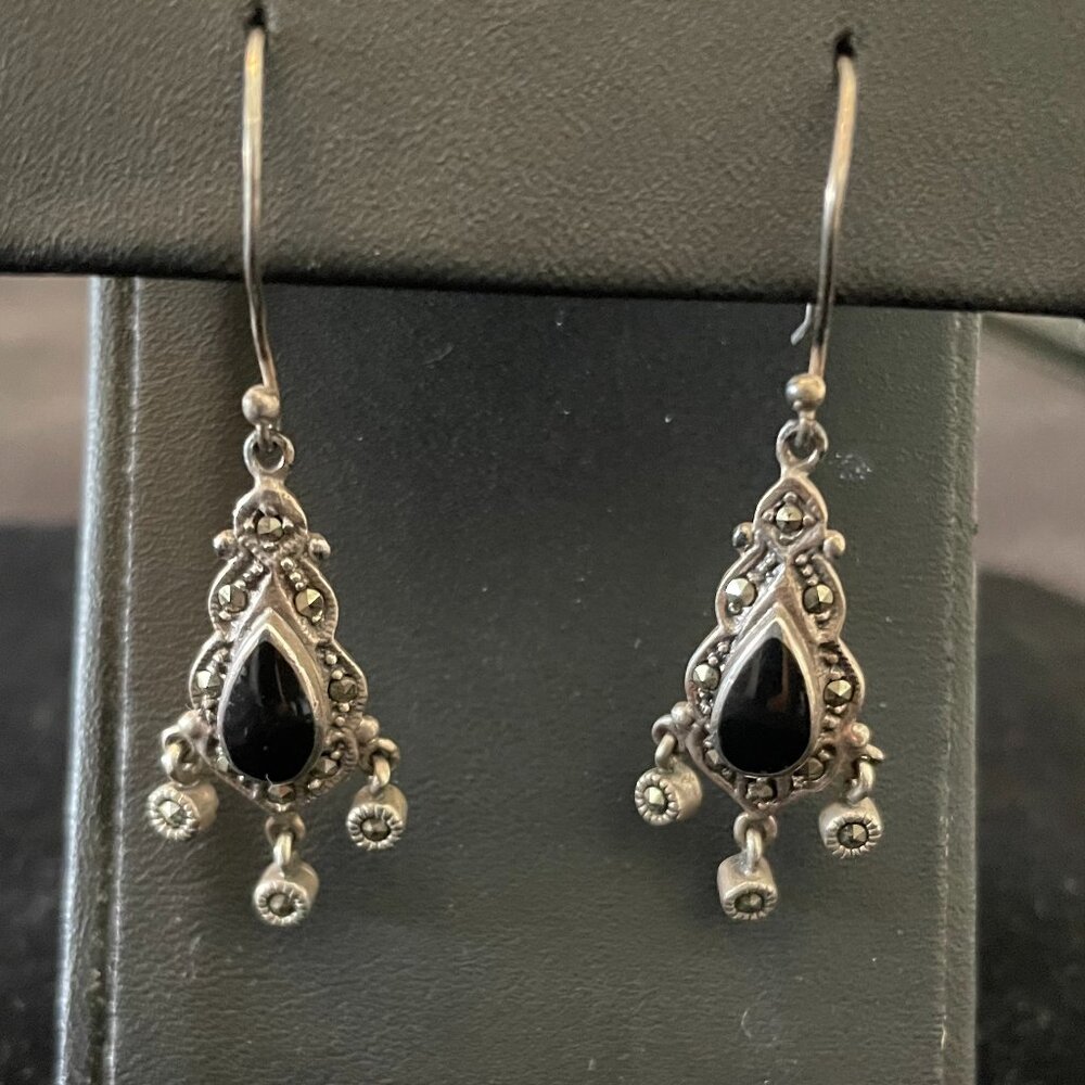 antique chandelier style black onyx and silver earrings